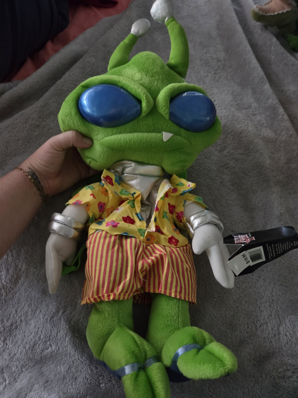 Vintage Bright Green Alien Plush Toy with Blue Eyes - Colorful Outfit